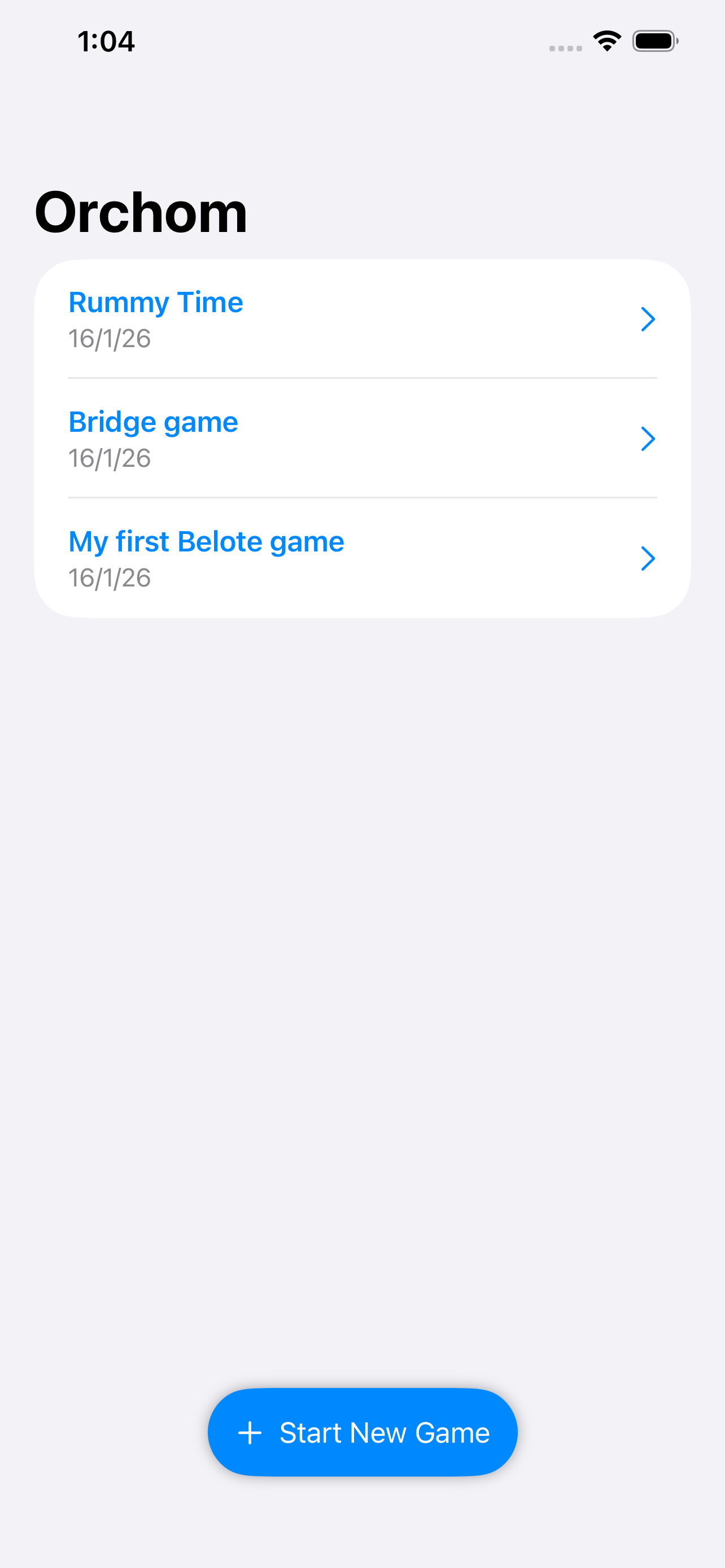 Orchem main screen showing saved games